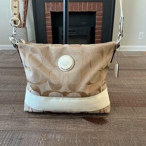 Coach Signature Stripe F17435 Crossbody Shoulder Bag Beige White Canvas Strap